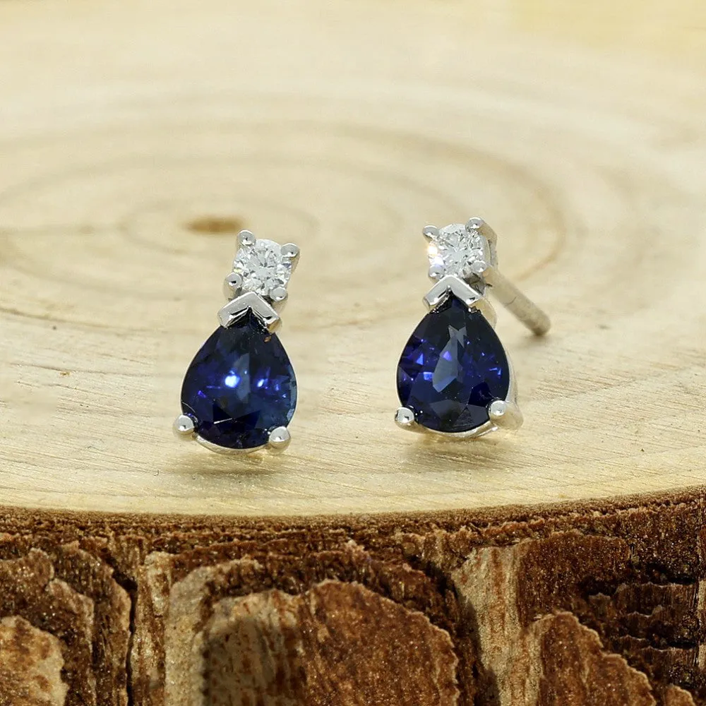 18ct White Gold Pear Shape Sapphire and Diamond Teardrop Stud Earrings