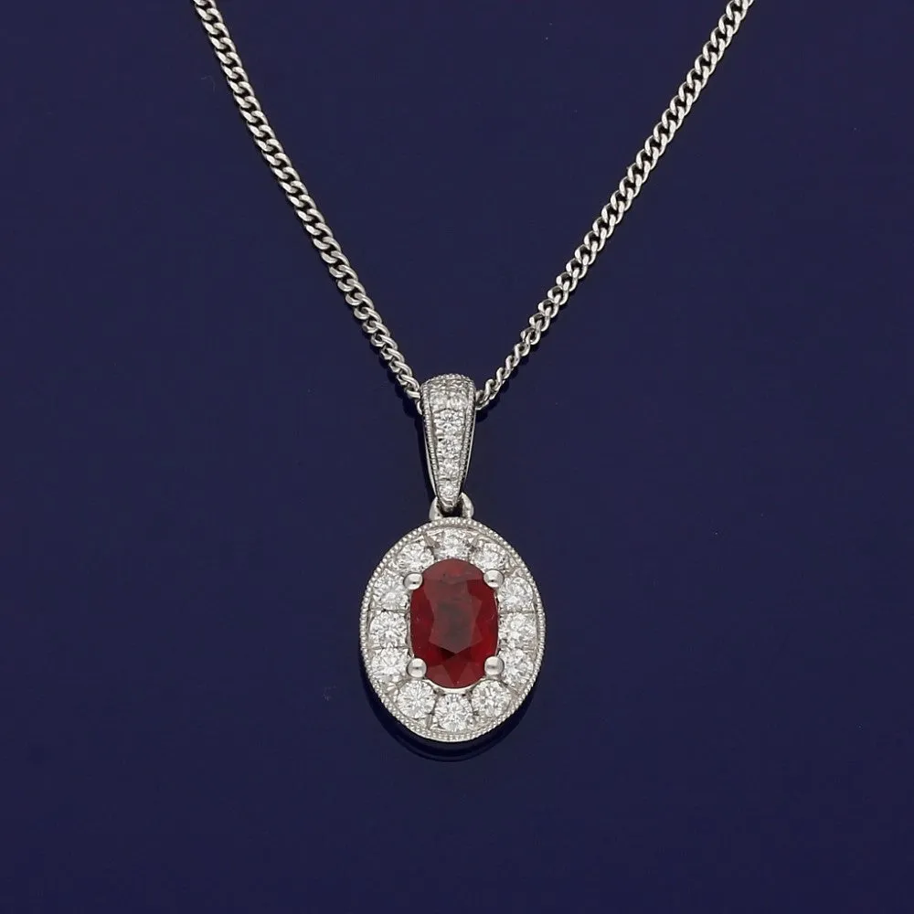18ct White Gold Ruby & Diamond Oval Halo Pendant