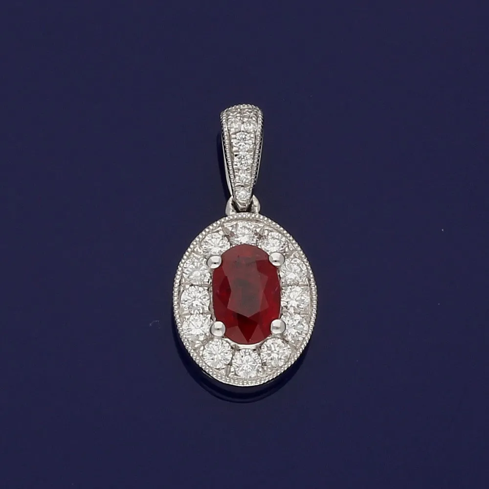 18ct White Gold Ruby & Diamond Oval Halo Pendant