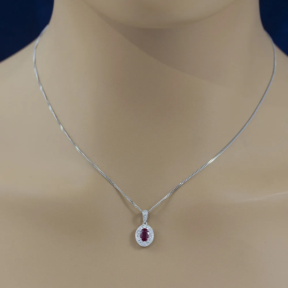 18ct White Gold Ruby & Diamond Oval Halo Pendant