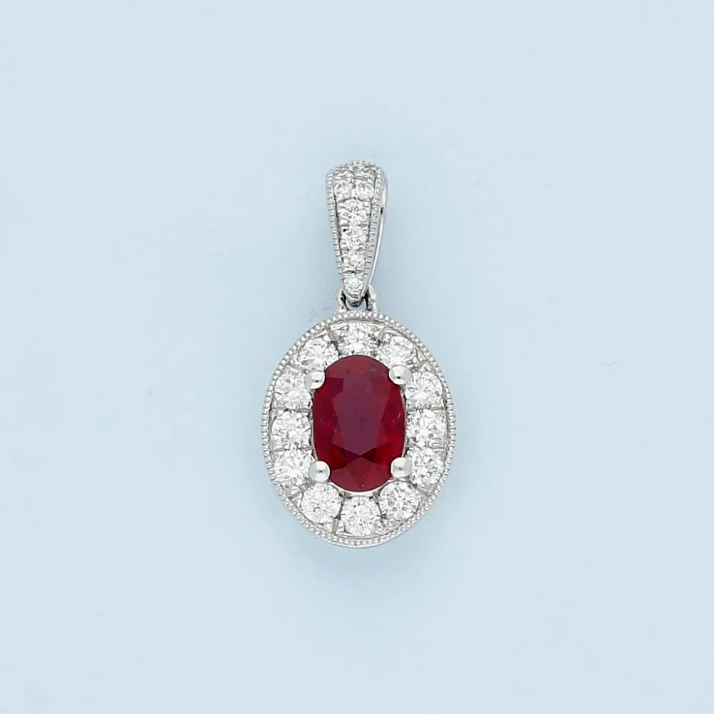 18ct White Gold Ruby & Diamond Oval Halo Pendant