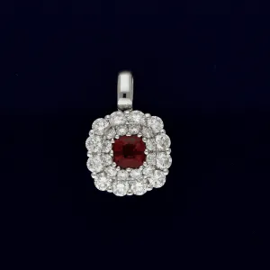 18ct White Gold Ruby and Diamond Cluster Halo Pendant