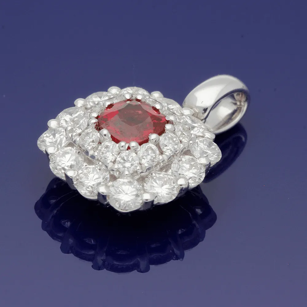18ct White Gold Ruby and Diamond Cluster Halo Pendant