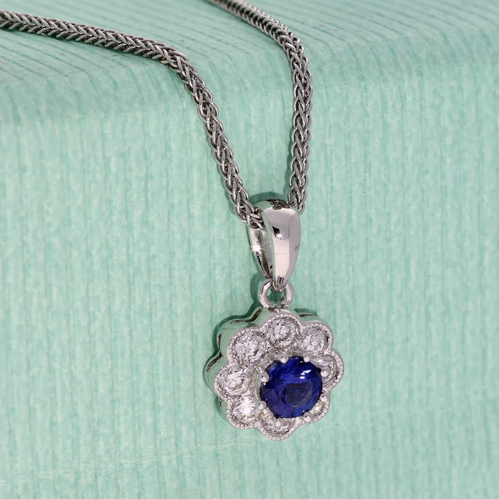 18ct White Gold Sapphire & Diamond Halo Pendant