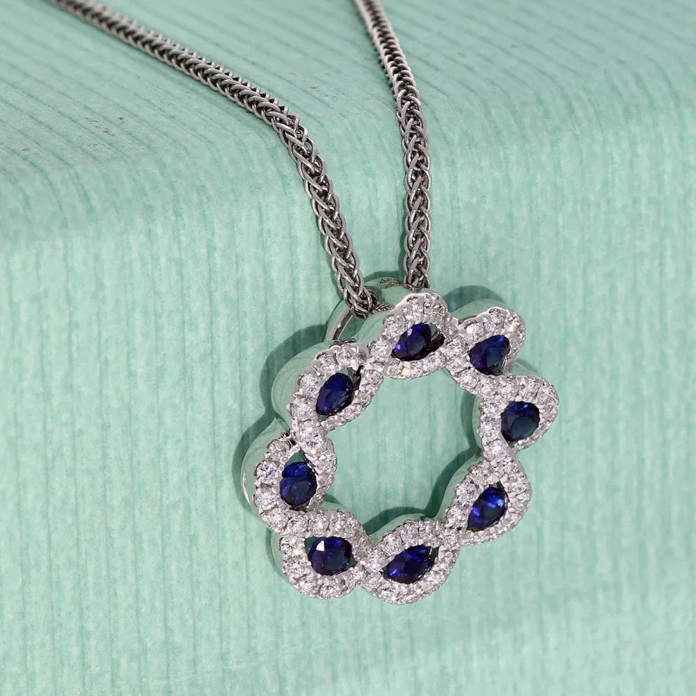 18ct White Gold Sapphire & Diamond Halo Wreath Pendant