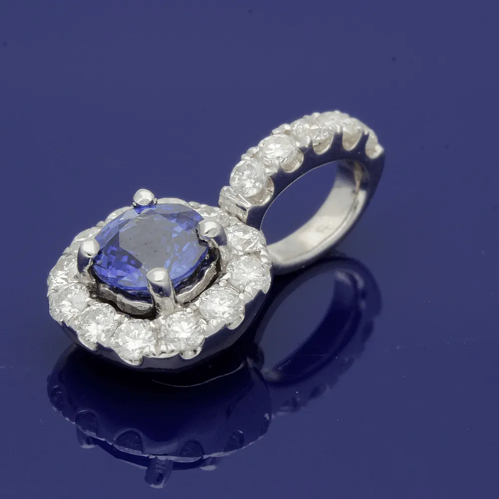 18ct White Gold Sapphire and Diamond Halo Pendant