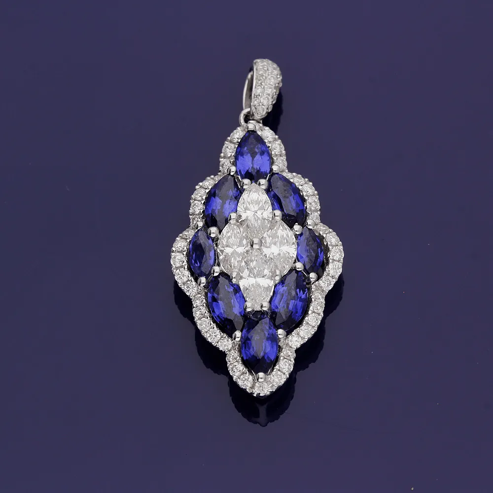 18ct White Gold Sapphire and Diamond Marquise Cluster Pendant