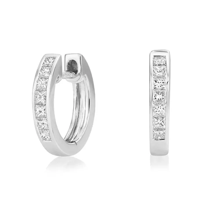 18ct White Gold Small Princess Cut Diamond Huggie Hoop Earrings 11mm