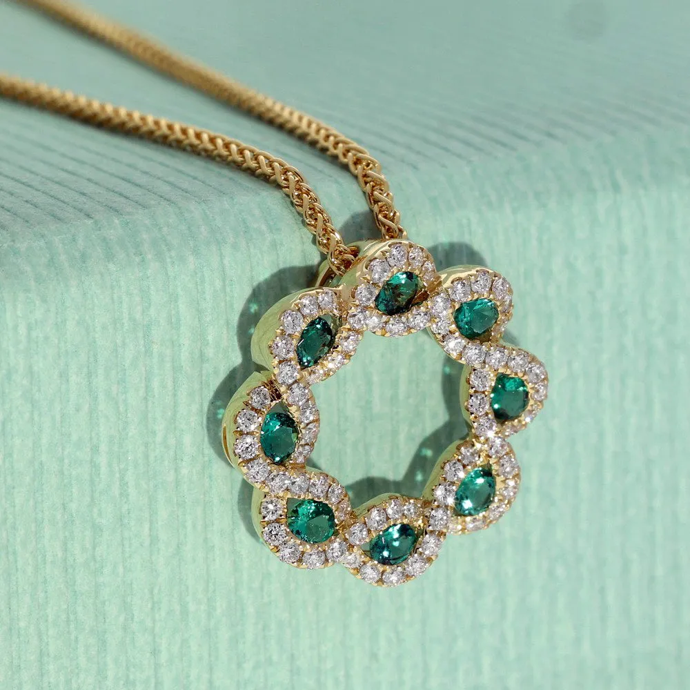 18ct Yellow Gold Emerald & Diamond Halo Wreath Pendant