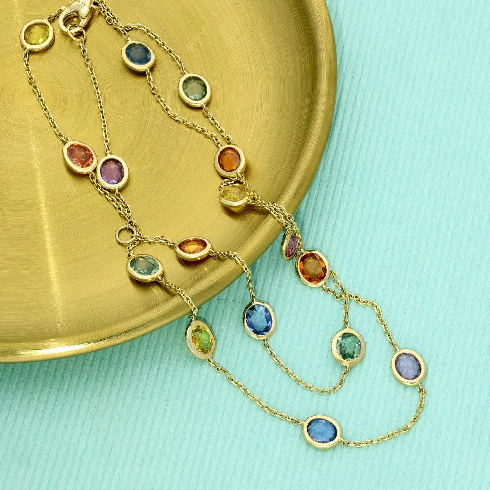 18ct Yellow Gold Multicolour Sapphire Yard Necklace Bezel Setting 18 Inch
