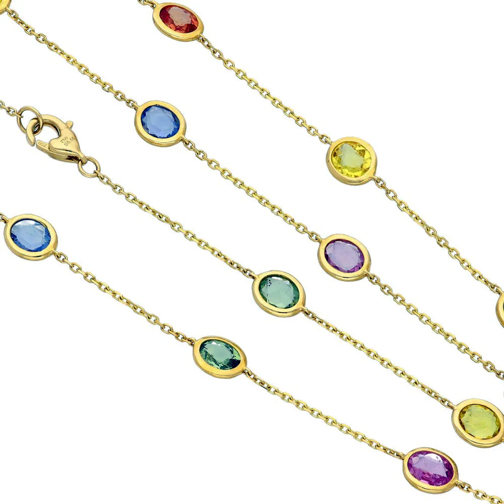 18ct Yellow Gold Multicolour Sapphire Yard Necklace Bezel Setting 18 Inch
