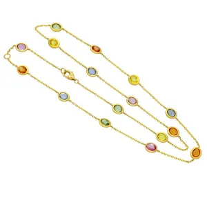 18ct Yellow Gold Multicolour Sapphire Yard Necklace Bezel Setting 18 Inch