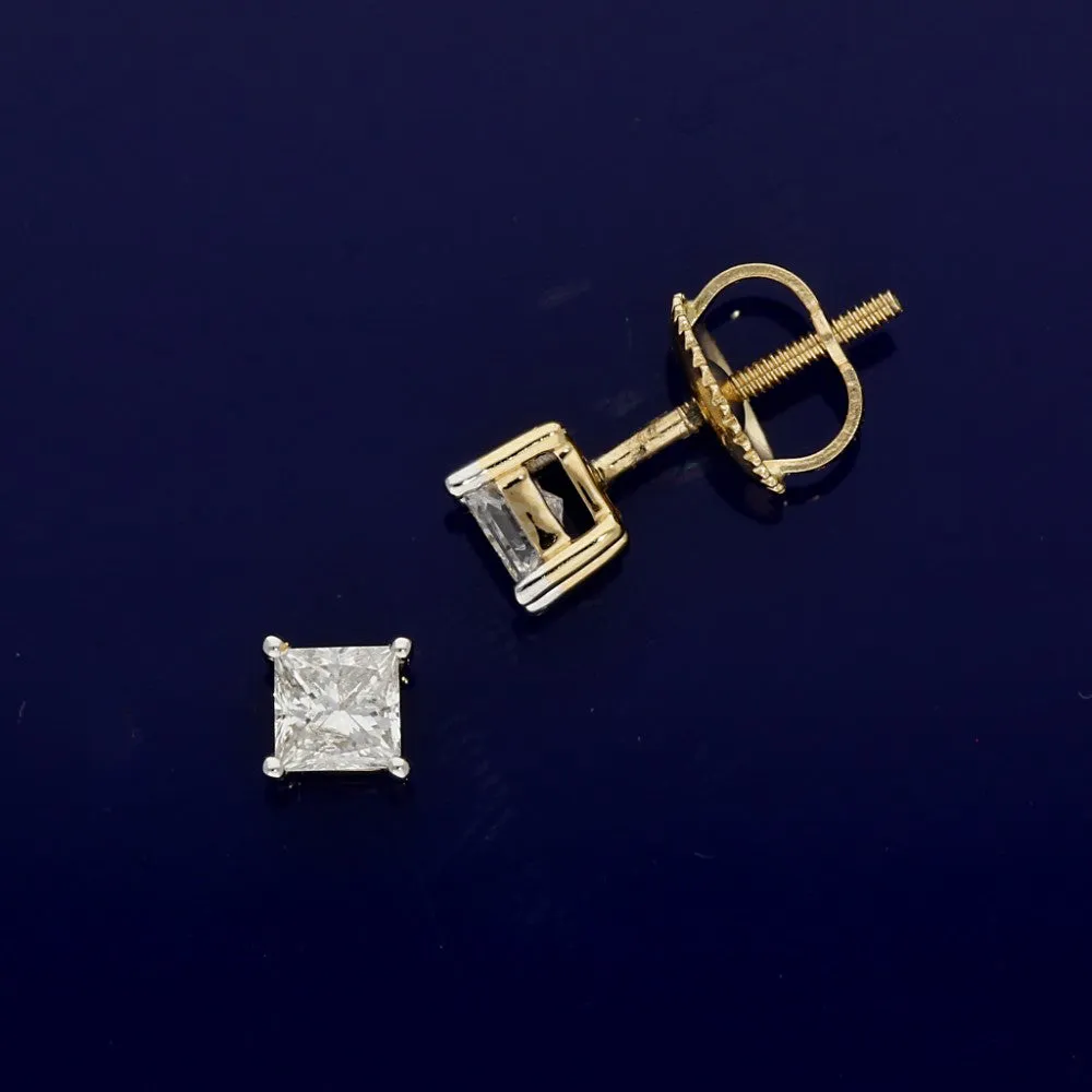 18ct Yellow Gold Princess Cut Diamond Stud Earrings 0.50ct