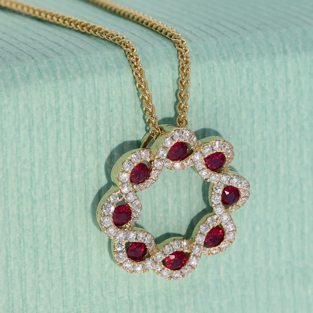 18ct Yellow Gold Ruby & Diamond Halo Wreath Pendant