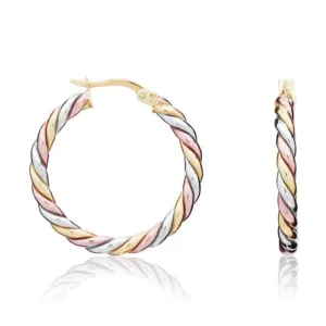 9ct Tri-Gold -  Yellow, Rose and White Gold Twist Hoop Earrings 21mm