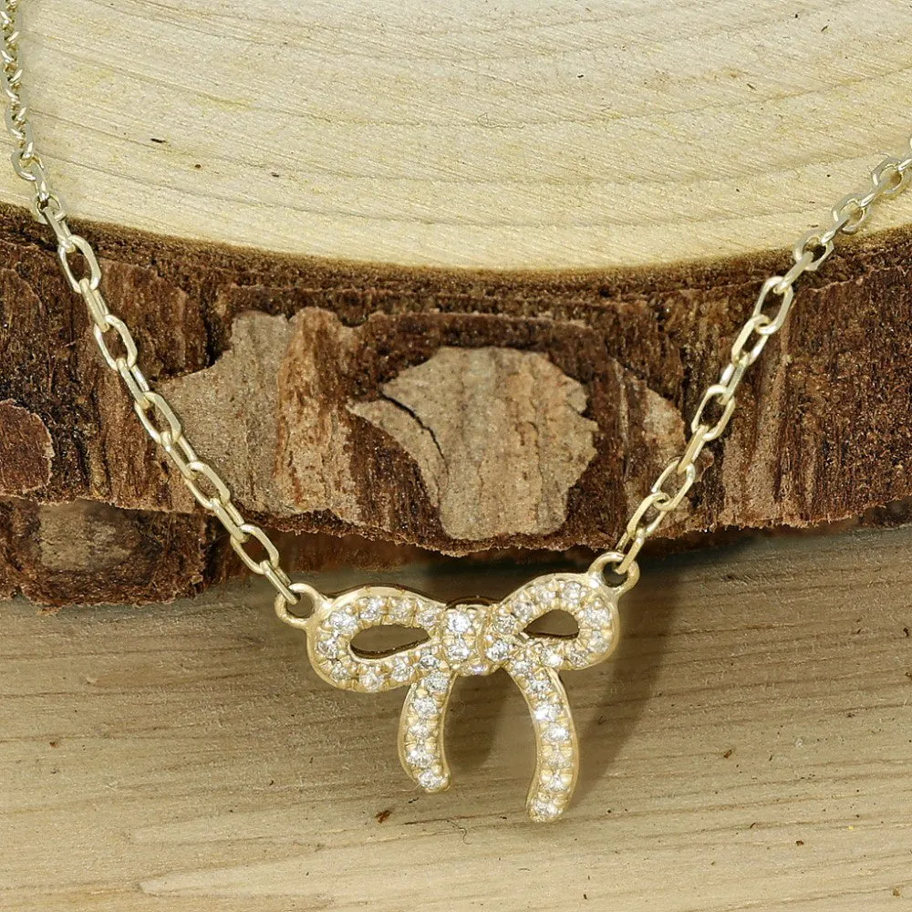 9ct Yellow Gold Diamond Set Ribbon Bow Necklace