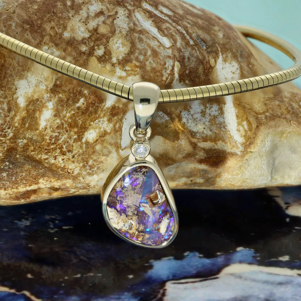 9ct Yellow Gold Freeform Winton Boulder Opal & Diamond Pendant
