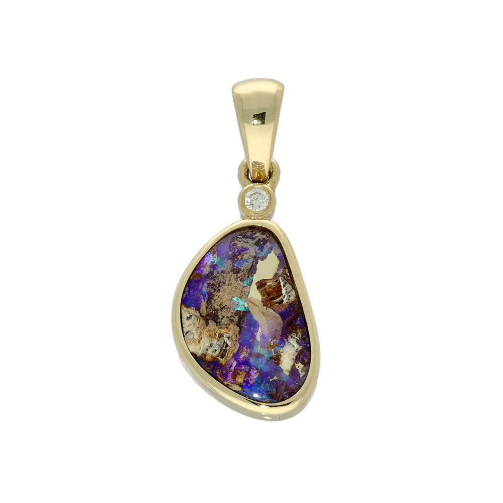 9ct Yellow Gold Freeform Winton Boulder Opal & Diamond Pendant
