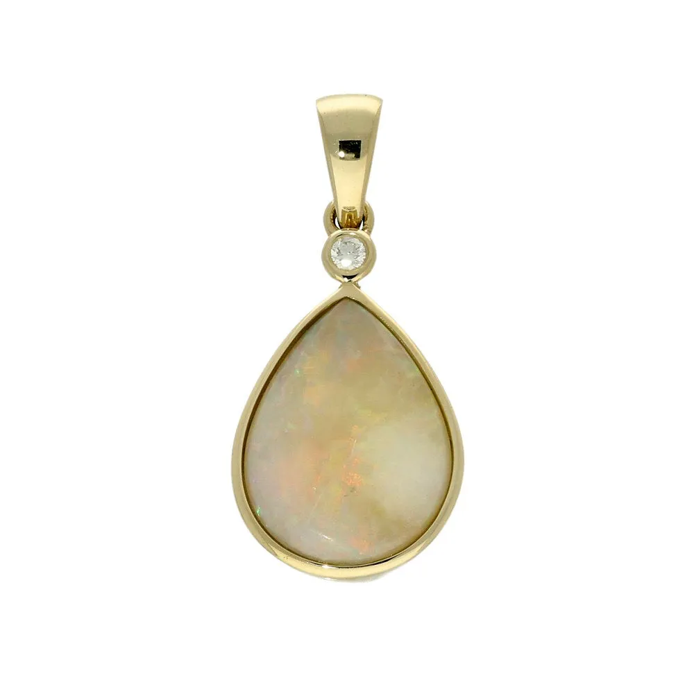 9ct Yellow Gold Pear Cut Opal & Diamond Teardrop Pendant