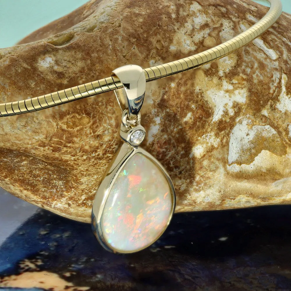 9ct Yellow Gold Pear Cut Opal & Diamond Teardrop Pendant