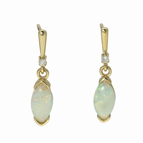 9ct Yellow Gold Marquis Opal & Diamond Drop Earrings
