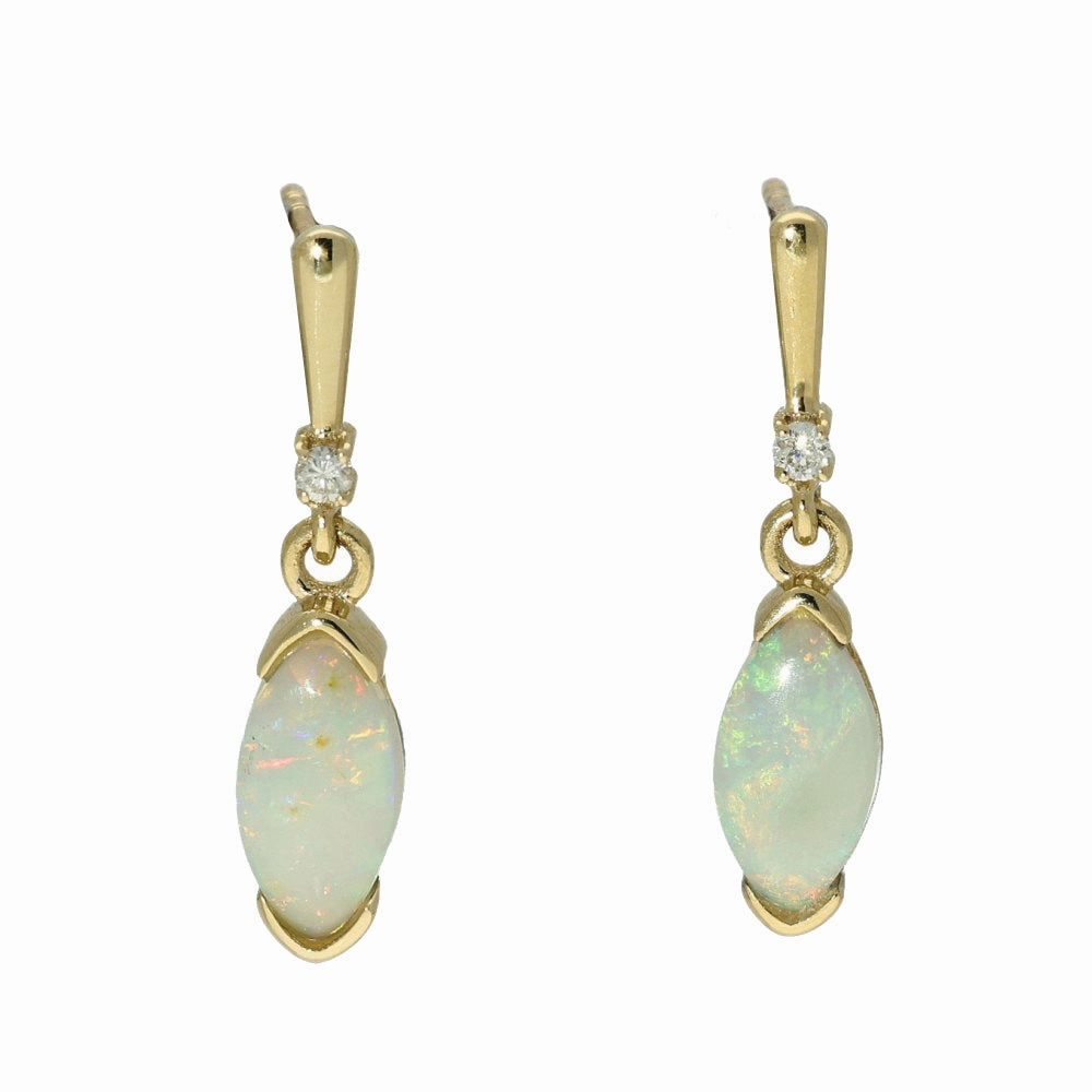 9ct Yellow Gold Marquis Opal & Diamond Drop Earrings