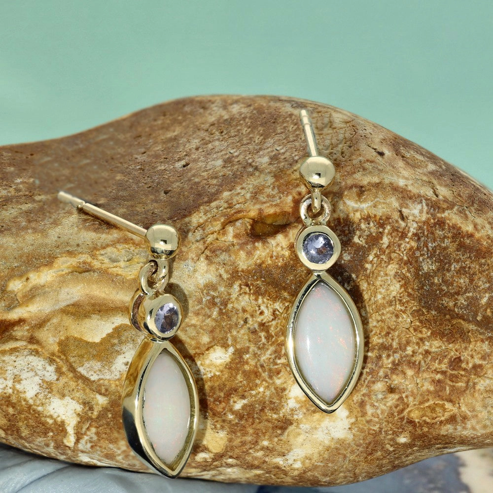 9ct Yellow Gold Marquis Opal & Tanzanite Drop Earrings