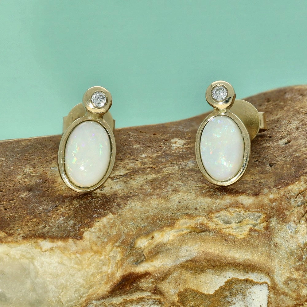 9ct Yellow Gold Oval Opal & Diamond Stud Earrings