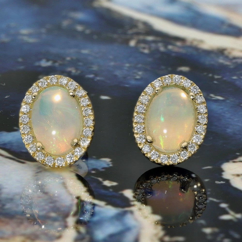 9ct Yellow Gold Oval Opal and Diamond Halo Cluster Stud Earrings