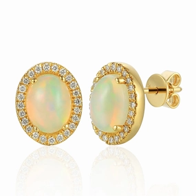 9ct Yellow Gold Oval Opal and Diamond Halo Cluster Stud Earrings