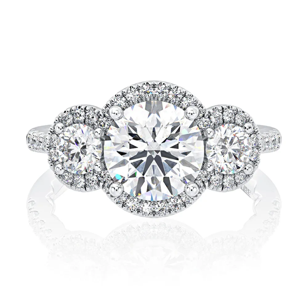 A. JAFFE Three Stone Round Center Diamond Engagement Ring with Round Diamond Halos