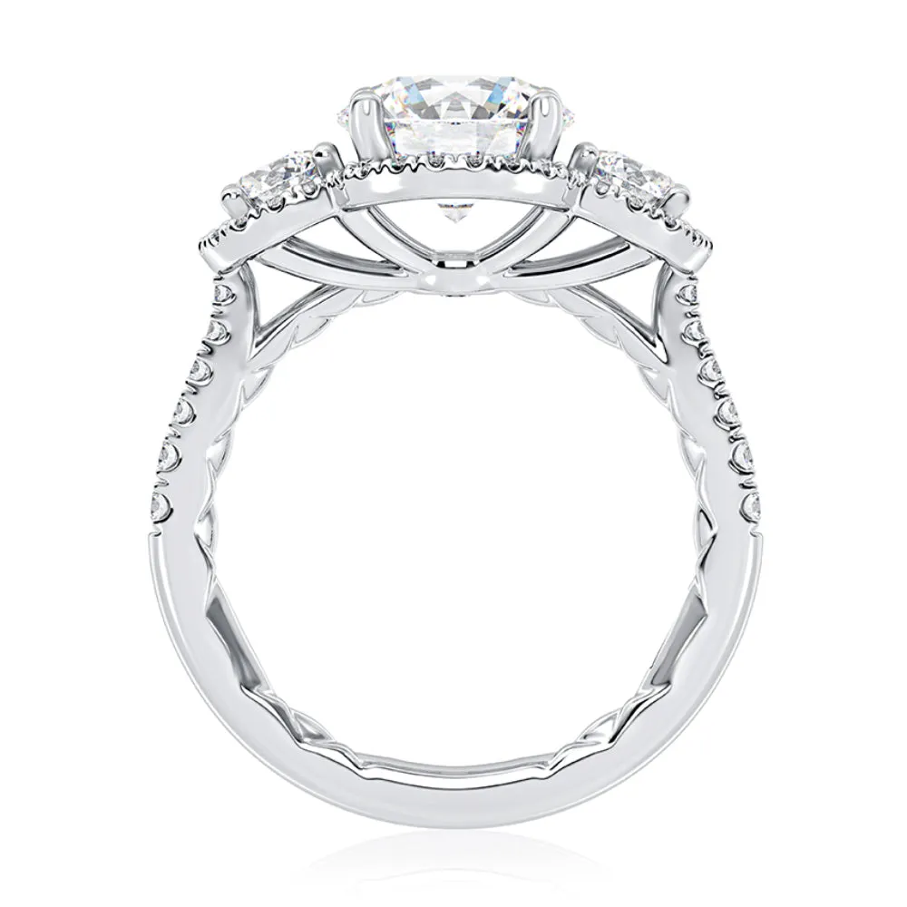 A. JAFFE Three Stone Round Center Diamond Engagement Ring with Round Diamond Halos