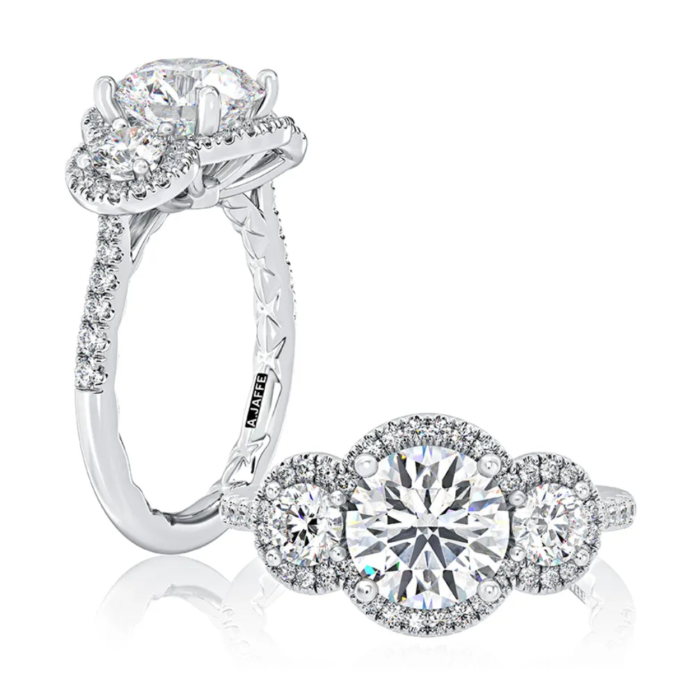 A. JAFFE Three Stone Round Center Diamond Engagement Ring with Round Diamond Halos