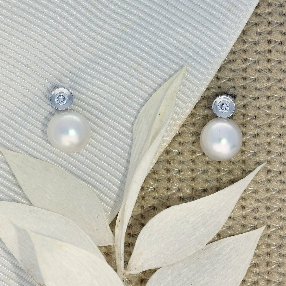 Akoya Pearl & Bezel Set Diamond 18ct White Gold Earrings