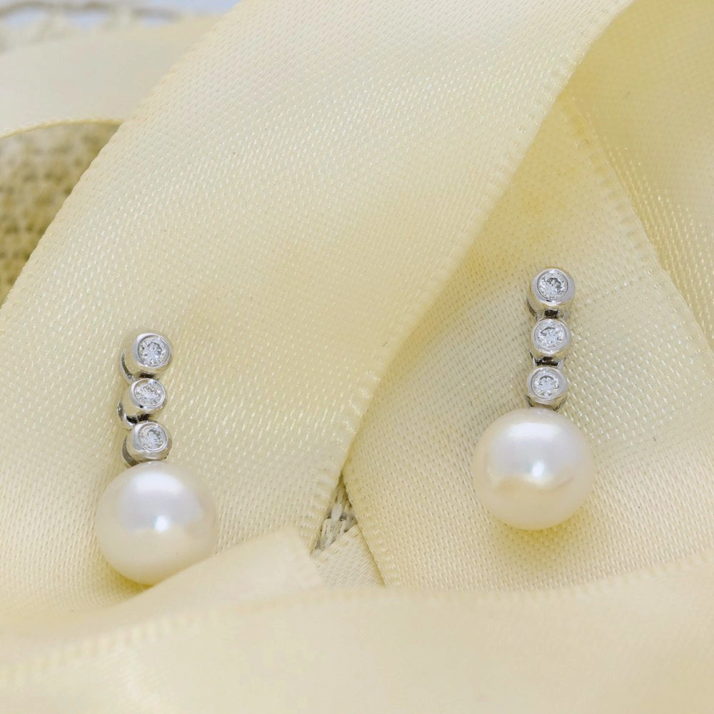 Akoya Pearl & Trilogy Diamond 18ct White Gold Earrings
