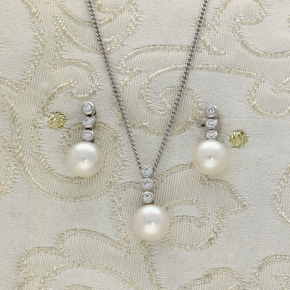 Akoya Pearl & Trilogy Diamond 18ct White Gold Earrings