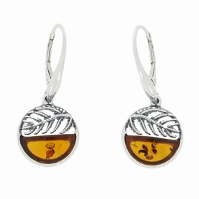 Amber Sterling Silver Round Leaf Drop Earrings