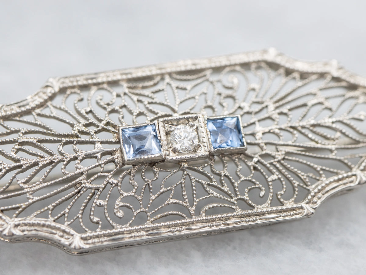 Art Deco Filigree Diamond and Sapphire Brooch
