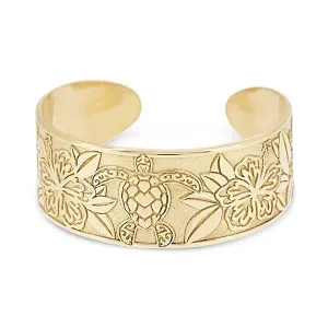 Bague de pied en or jaune 18 carats motif hibiscus et tortue