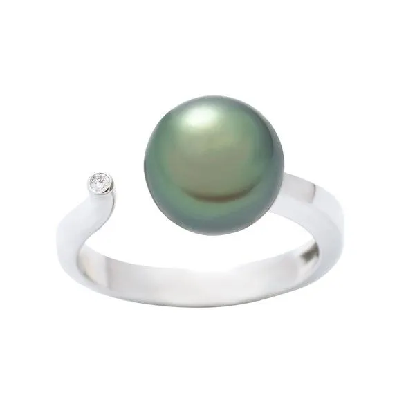 Bague en or blanc sertie de diamants 1 perle de Tahiti semi ronde A 8.6/9.5mm