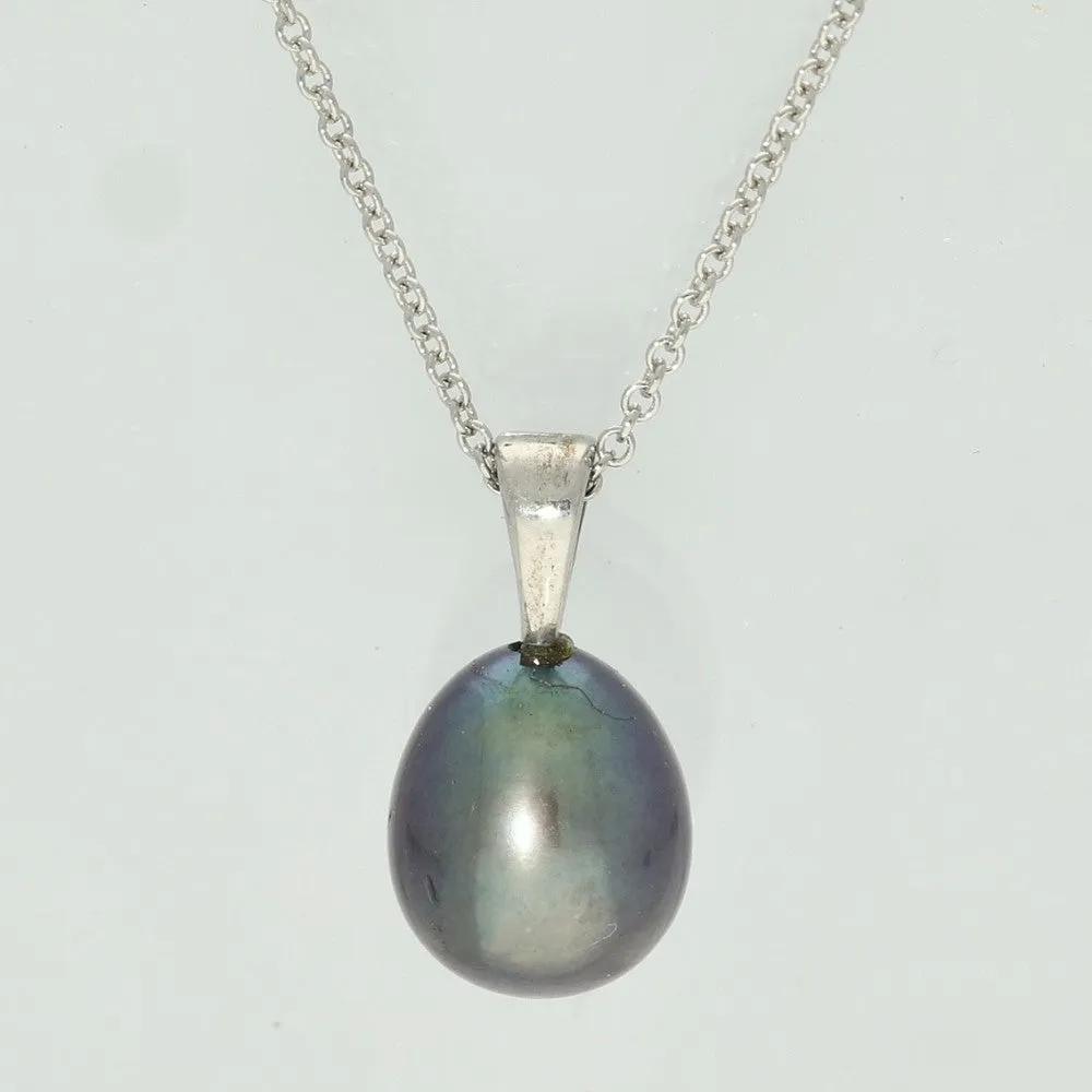 Black Teardrop Freshwater Pearl Silver Pendant - Grey