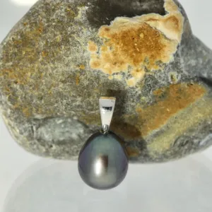 Black Teardrop Freshwater Pearl Silver Pendant - Grey