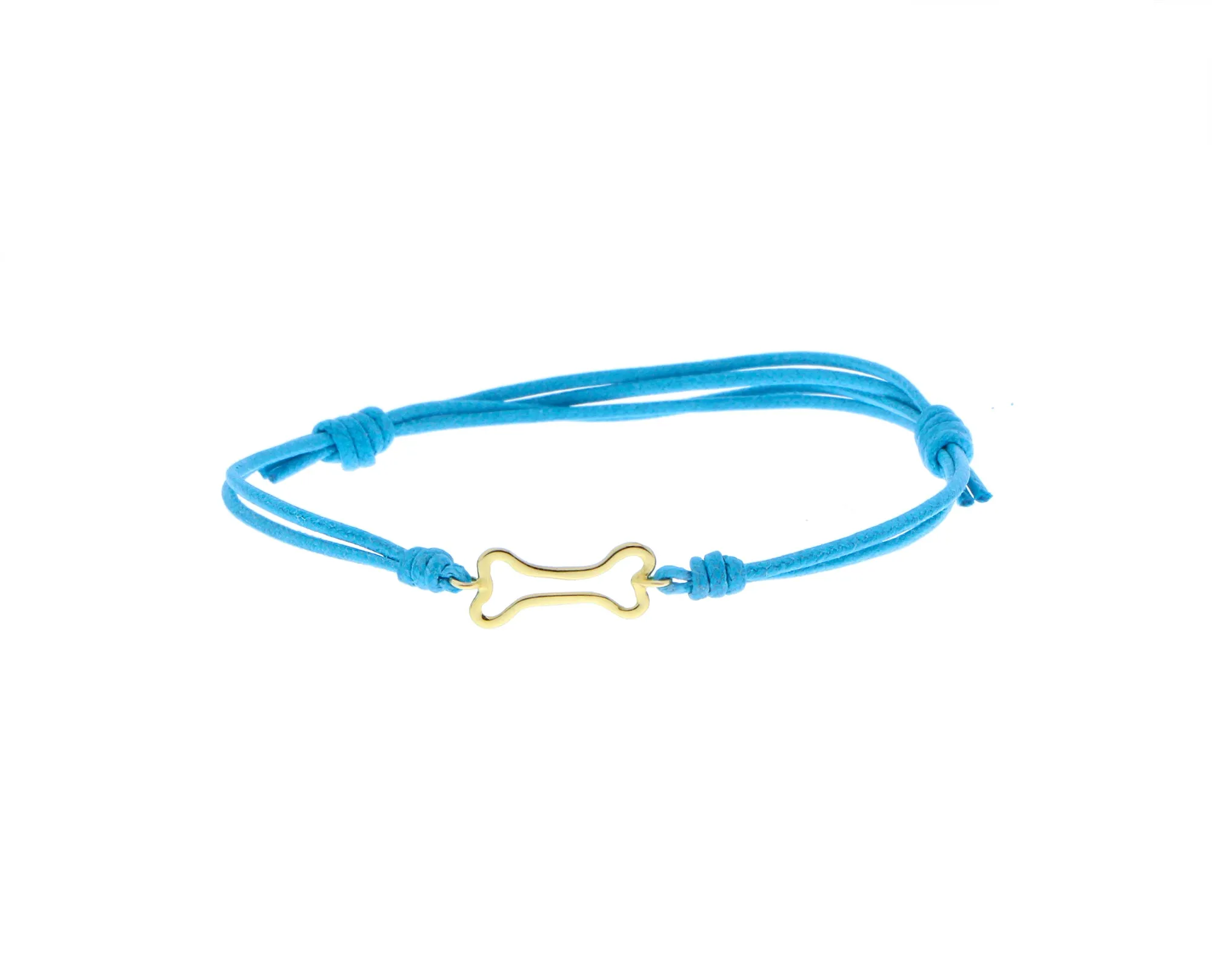 Blue rope bracelet with a yellow gold dog bone charm