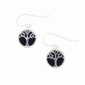 Blue Goldstone Round Tree of Life Drop Earrings