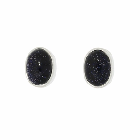 Blue Goldstone Sterling Silver Oval Stud Earrings