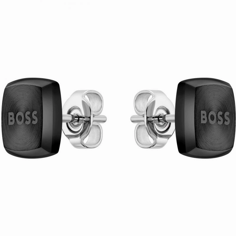BOSS Jewellery Mens Black IP Stainless Steel Stud Earrings 1580474
