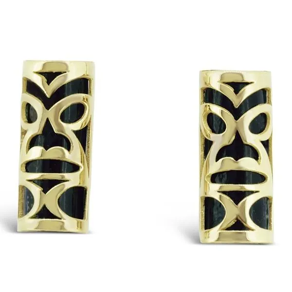 Boucles d'oreille fixes en or jaune motif chambranle avec du corail noir du lagon