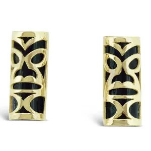 Boucles d'oreille fixes en or jaune motif chambranle avec du corail noir du lagon