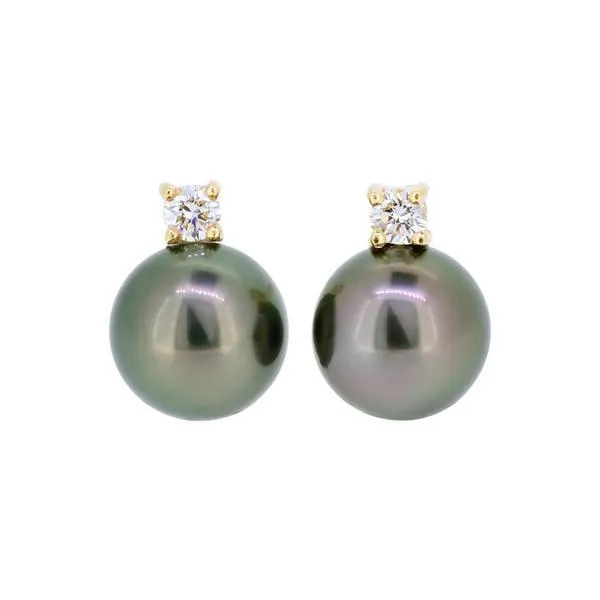 Boucles d'oreilles en or jaune serties de diamants et Perles de Tahiti 8.6/9.5 mm.