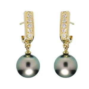 Boucles d'oreilles en or jaune serties de diamants et perles de Tahiti
